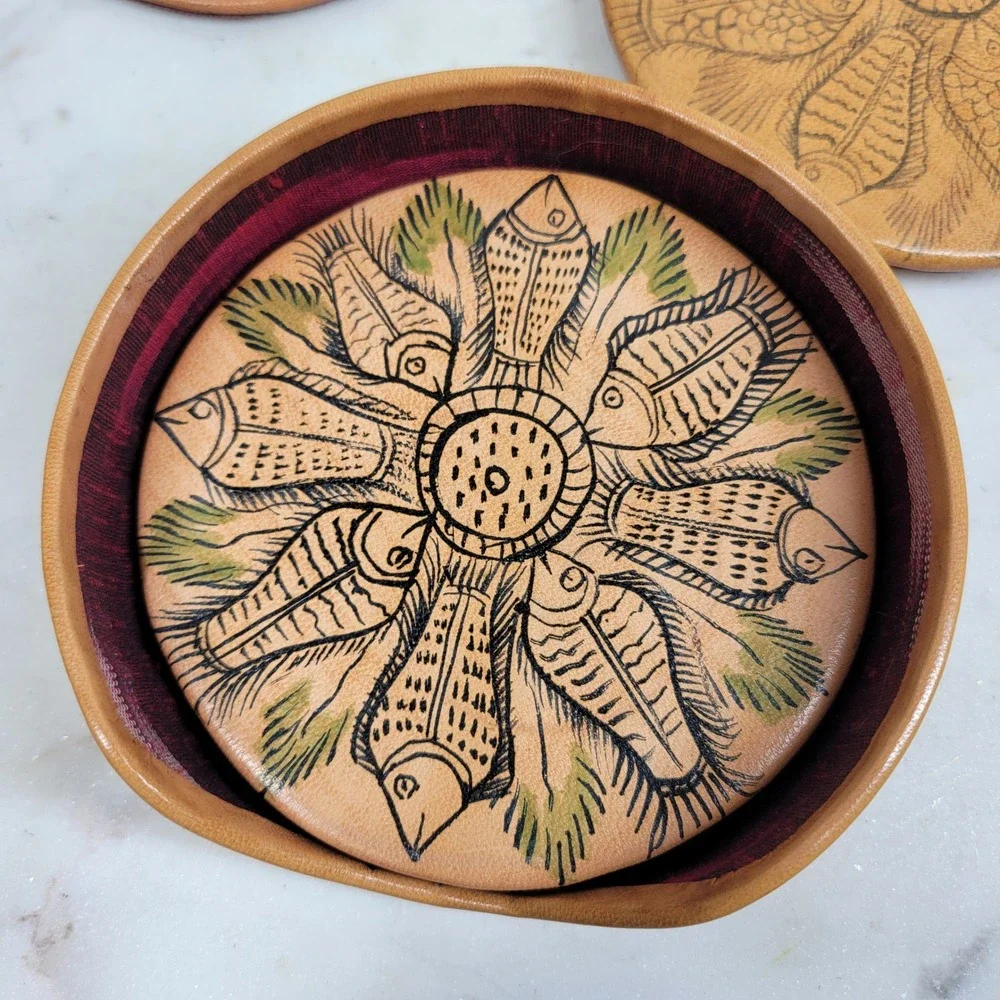 VTG Hand Painted Leather Fish Coaster Set w Storage Box Silk Back Folk Art Boho
